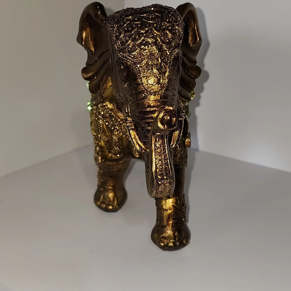 Trunk Up Gold Elephant Figurine with Green Accents